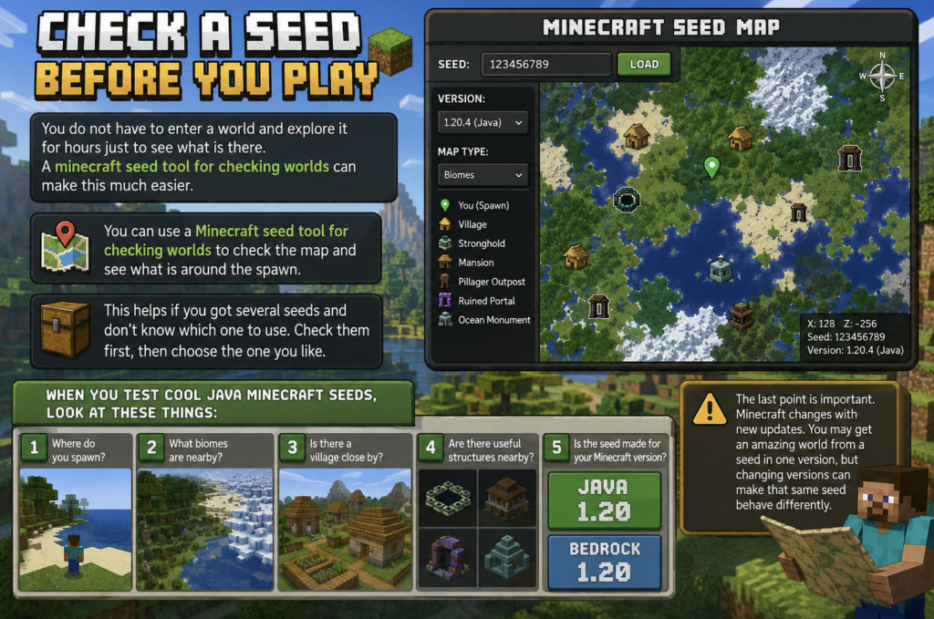 Minecraft seed map tool showing Java seed biomes, villages, structures and spawn location.