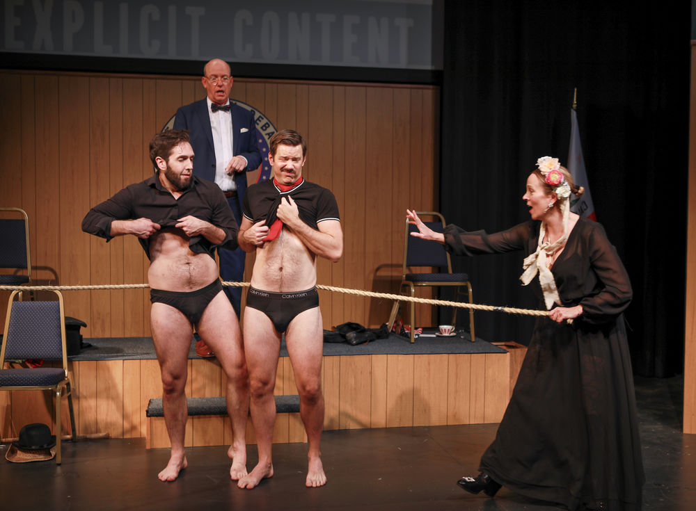 Jason Reale, Alex Price, Terry Ray, and Angela Landis perform a fast-paced comedic scene from The Lincoln Debate during the Hollywood Fringe Festival.