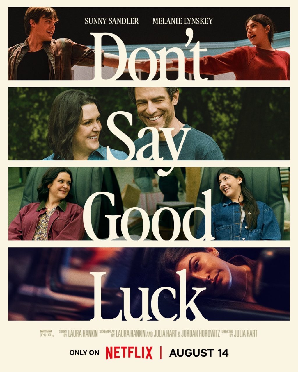 Don’t Say Good Luck Netflix movie poster starring Sunny Sandler and Melanie Lynskey.