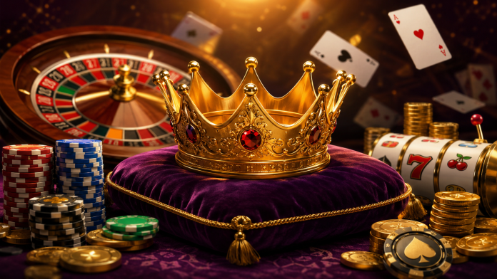 Golden crown surrounded by roulette, playing cards, casino chips, slot machine reels and gold coins.