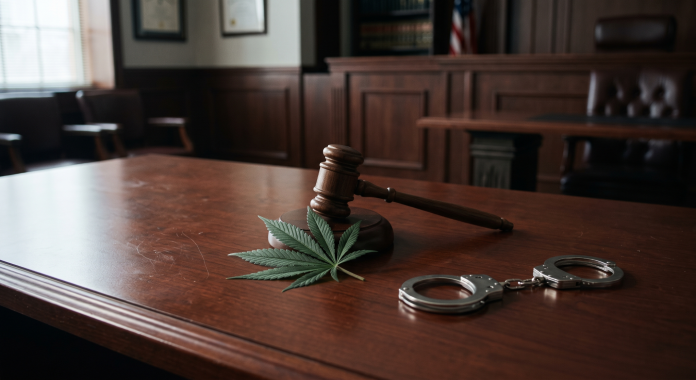 Judge's gavel, a cannabis leaf, and handcuffs on a courtroom table, illustrating New Jersey marijuana laws, criminal charges, and legal consequences that remain after cannabis legalization.