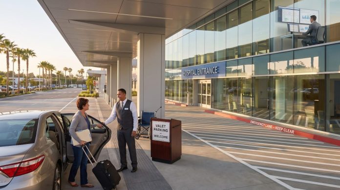 image Patient arriving at a hospital entrance where a valet attendant assists with curbside drop-off and luggage outside a modern medical center.