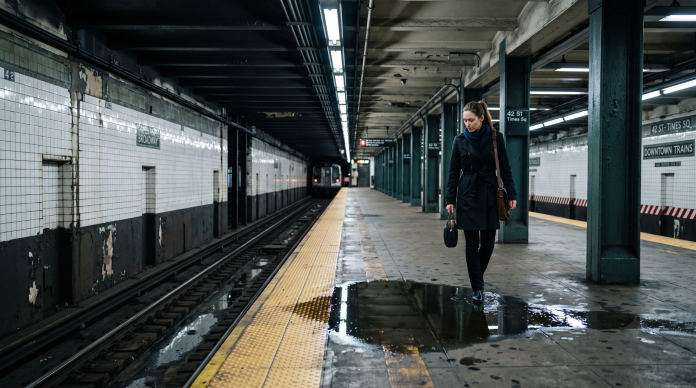 image Woman walking along a New York City subway platform beside a large puddle near the track edge, illustrating slip and fall hazards in the MTA transit system.