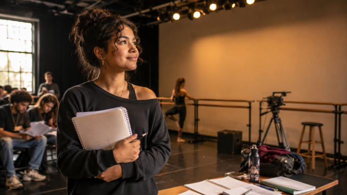 Young artist holding a notebook in a Los Angeles rehearsal studio with dancers, students and film equipment in the background.