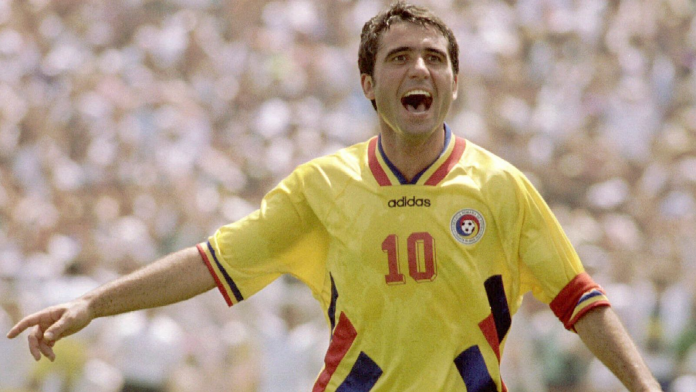 Gheorghe Hagi image Gheorghe Hagi wearing Romania’s number 10 jersey during an international soccer match.