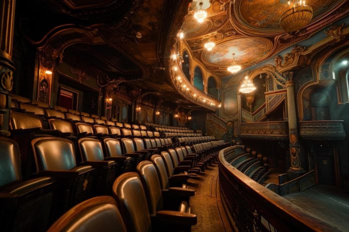 image Ornate Broadway theater interior with rows of empty seats, balconies and illuminated chandeliers.