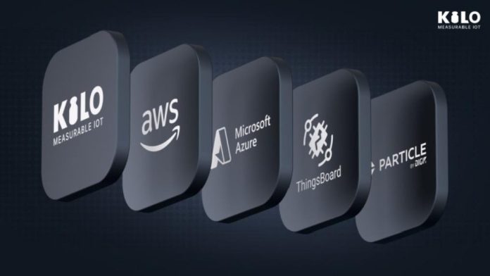 Five leading IoT cloud platforms, including Kilo IoT, AWS, Microsoft Azure, ThingsBoard and Particle, displayed side by side.
