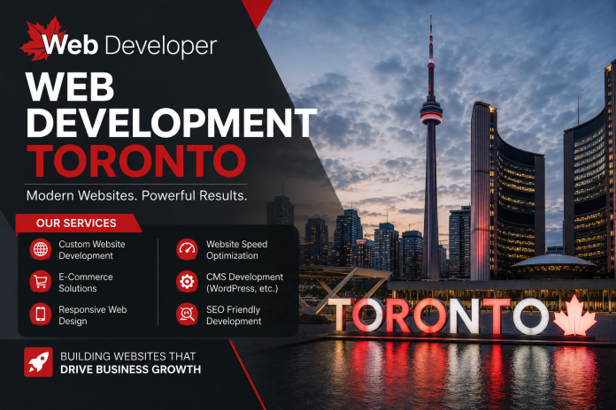 image Web development services in Toronto graphic featuring the Toronto skyline and CN Tower.