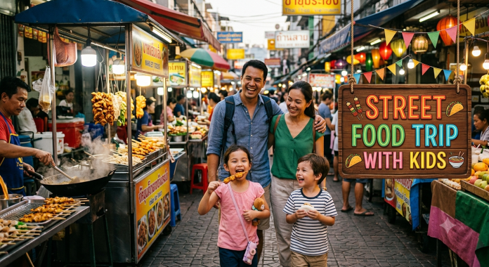 Family with children exploring a busy street food market and enjoying local food while traveling.