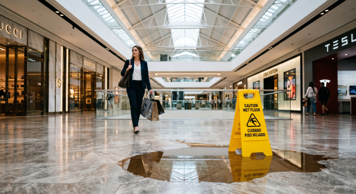 Luxury shopping mall interior with a wet floor caution sign placed beside a spill on the polished tile floor as shoppers walk through the retail center, illustrating a potential slip and fall hazard and retail premises liability.