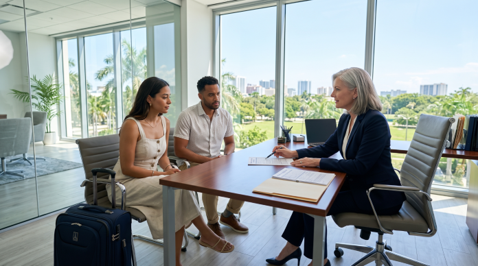 Out-of-state visitors meeting with a Florida personal injury attorney in a modern office, discussing legal options after an accident while traveling, with luggage beside them and a sunny Florida skyline visible through the windows.