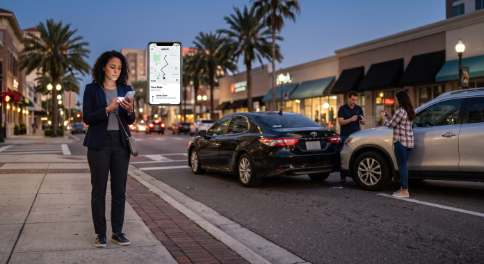 Person using the Uber app after a rideshare crash on an Orlando street as two vehicles sit stopped behind them, illustrating the importance of app status and insurance coverage phases following a Florida Uber or Lyft accident.