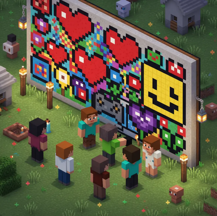Large Minecraft pixel art mural featuring hearts, flowers, a smiling face, and gaming icons as players gather to admire the colorful block artwork.