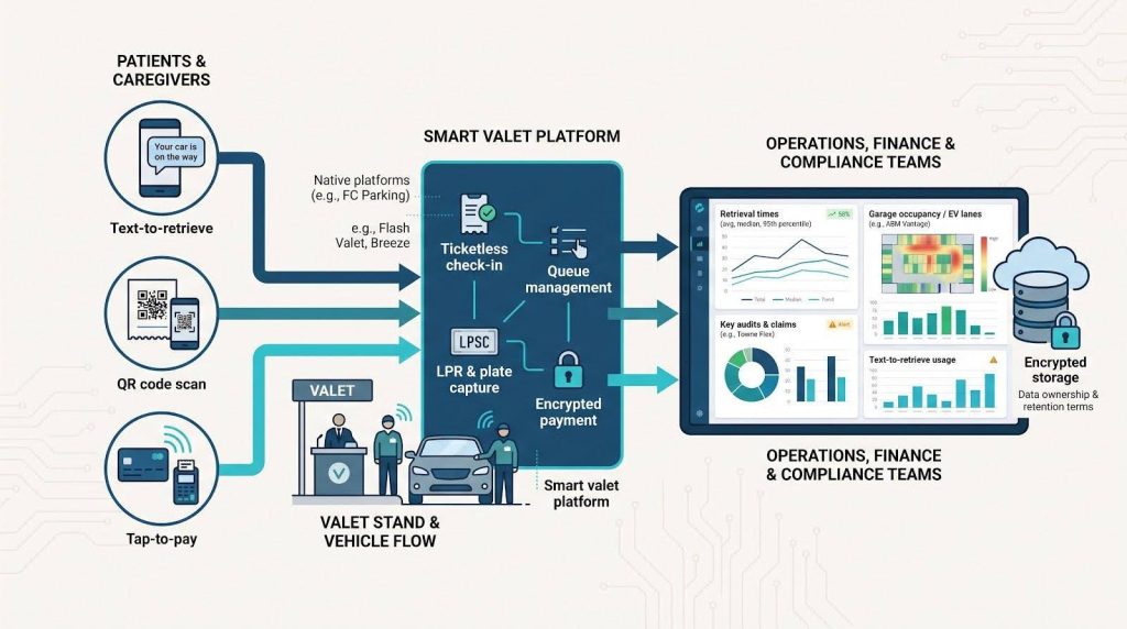 Diagram illustrating a modern hospital valet technology platform with digital tickets, text-to-retrieve, QR code check-in, encrypted payments, and real-time operations reporting.