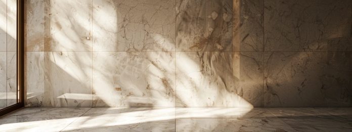 40af32df-a02d-4c2e-adaf-8f3d9a5a183a Marble tiles covering the walls and floor of a modern interior illuminated by natural sunlight.