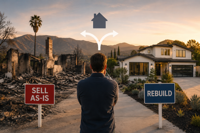 Los Angeles homeowner choosing between rebuilding or selling a fire-damaged house as-is.