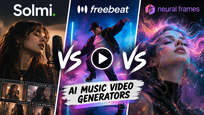 Solmi, Freebeat and Neural Frames AI music video generators compared in a colorful music-themed graphic.