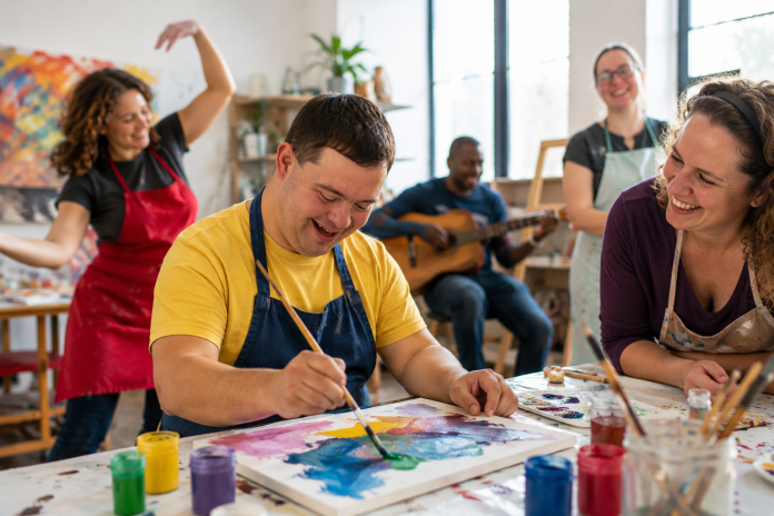 Adults with intellectual disabilities participating in an inclusive community arts program with painting, music and dance.