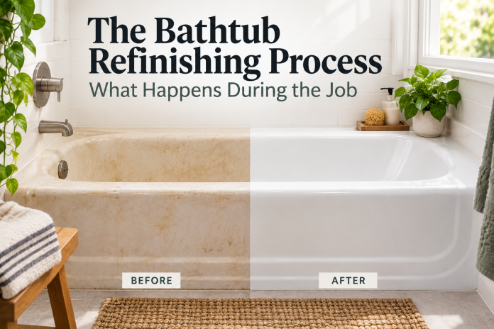 ChatGPT Image Sep 21, 2026, 03_51_00 PM Before and after comparison showing the bathtub refinishing process, transforming a worn bathtub into a smooth white finish.