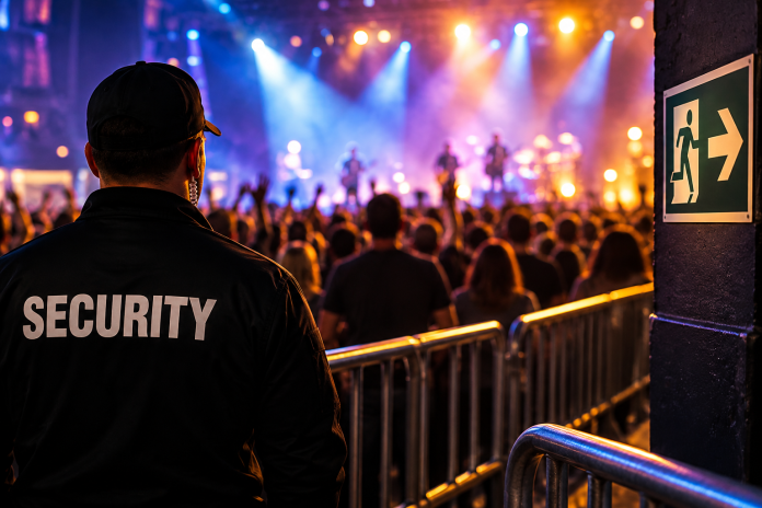 Security guard monitoring a crowded live music venue near an emergency exit during a concert.