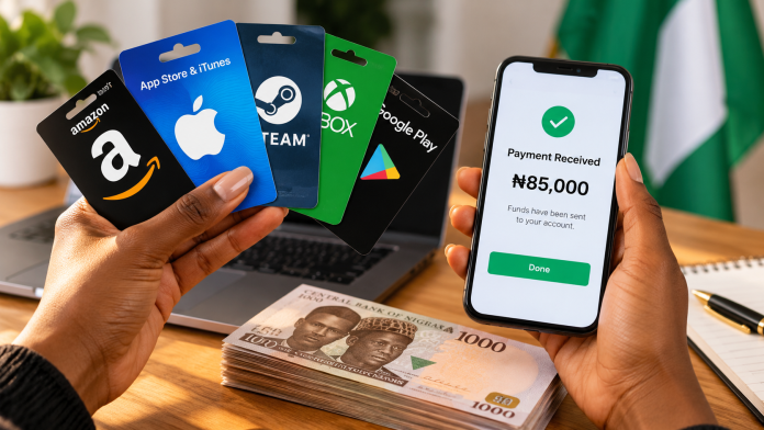 ChatGPT Image Sep 23, 2026, 03_04_48 PM Gift cards being exchanged for Nigerian naira with a mobile payment confirmation displayed on a smartphone.