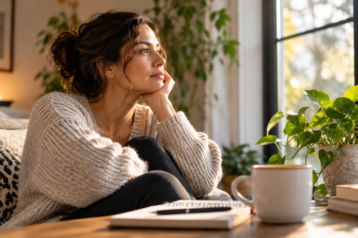 ChatGPT Image Sep 24, 2026, 02_50_58 PM Woman sitting thoughtfully by a window with a journal and coffee, representing long-term anxiety, reflection and self-care.