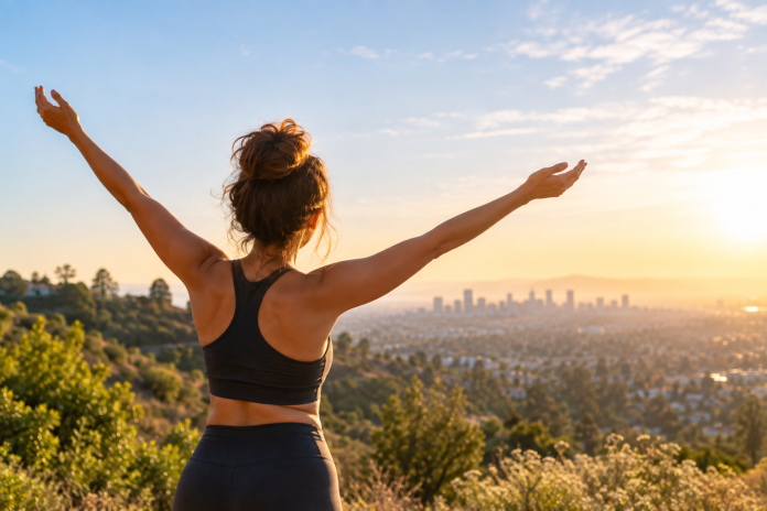 ChatGPT Image Sep 24, 2026, 02_53_49 PM Woman standing on a sunlit hillside with arms raised, overlooking Los Angeles at golden hour, representing improved mood, movement and emotional well-being.