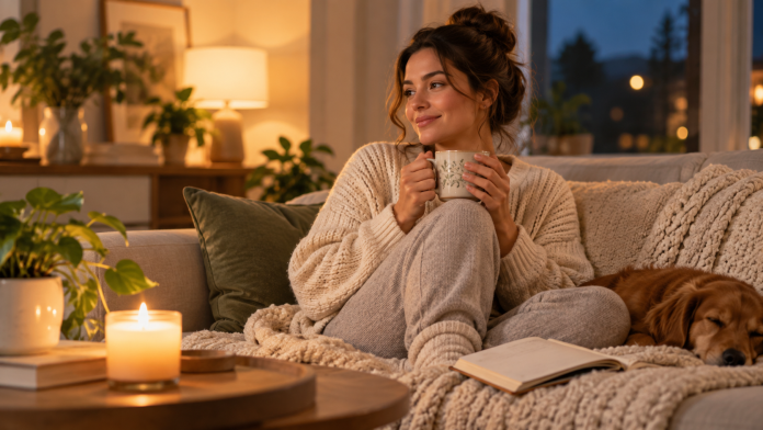 Woman relaxing at home with a warm drink, book and dog in a cozy evening setting, representing healthy ways to unwind without alcohol.