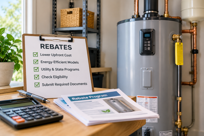 ChatGPT Image Sep 29, 2026, 04_29_10 PM Modern water heater beside a rebate checklist, calculator and program paperwork, representing available water heater rebates and energy-efficiency savings.