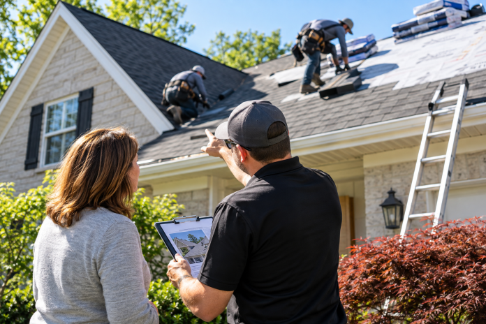 Roofing contractor discussing a residential roof replacement with a homeowner while a crew installs new shingles.