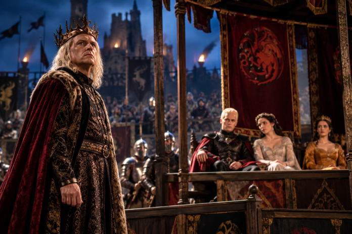 ChatGPT Image Sep 29, 2026, 04_50_38 PM Medieval fantasy king overlooking a tense tournament scene with armored knights, royal spectators and dragon banners, inspired by the world of Game of Thrones: The Mad King.