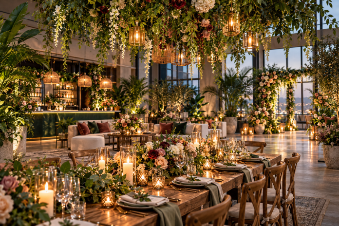ChatGPT Image Sep 29, 2026, 04_56_53 PM Botanical event design with lush hanging greenery, layered floral arrangements, candlelit tables and lounge areas creating a warm, immersive atmosphere.