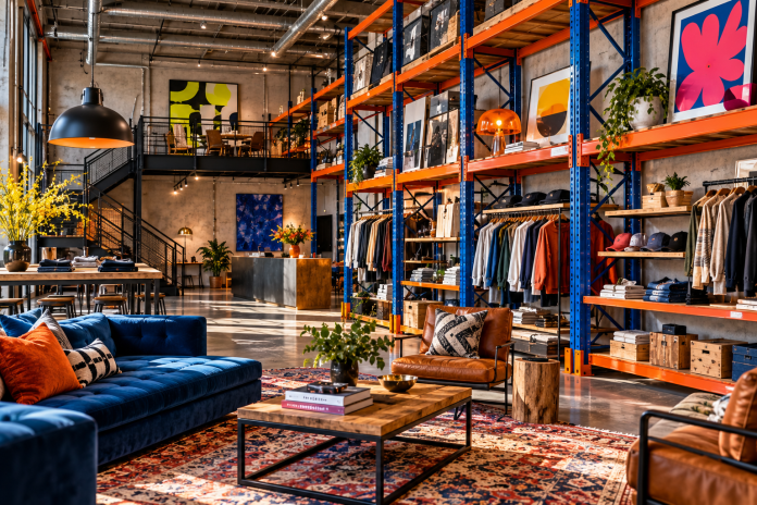 Industrial-style retail interior with blue-and-orange pallet racking, colorful furniture, clothing displays, artwork and exposed concrete architecture.