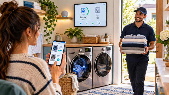 Woman using a smartphone to control smart washer and dryer settings while a laundry service worker delivers neatly folded clothes to her home.