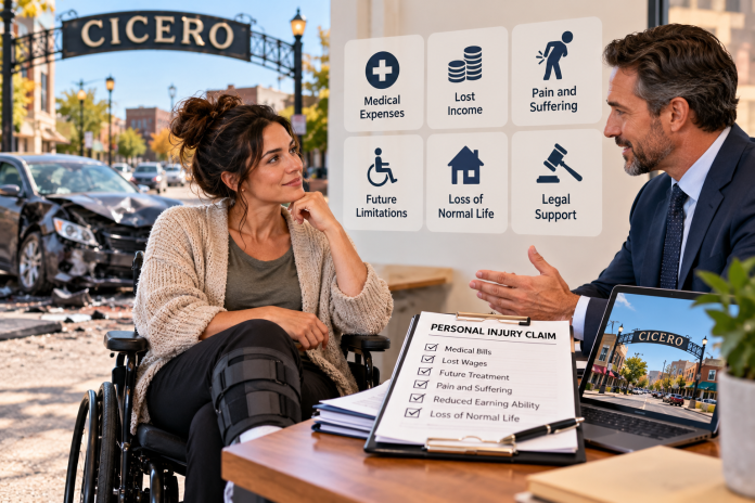Injured Cicero accident victim meeting with a personal injury lawyer beside a damaged car, with graphics representing medical expenses, lost income, pain and future limitations.