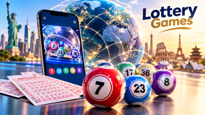 Lottery balls, tickets and a smartphone showing a digital lottery game, set against global landmarks to represent the worldwide popularity of lottery games.