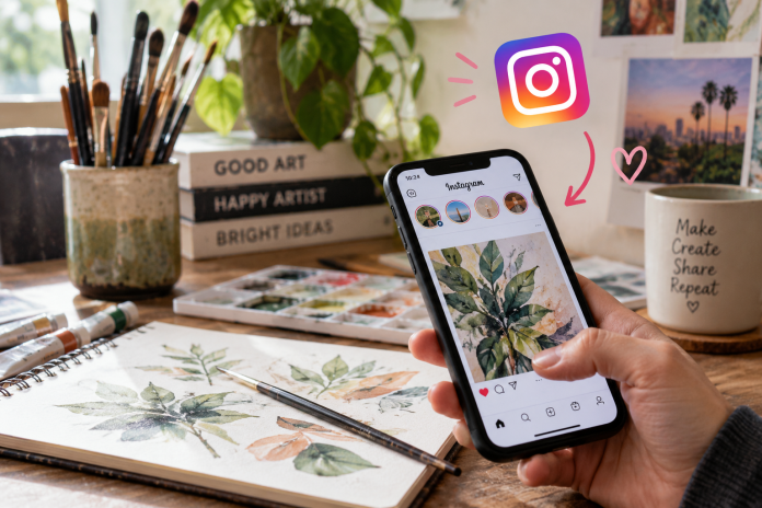 Artist using Instagram on a smartphone beside watercolor paintings, brushes and art supplies.