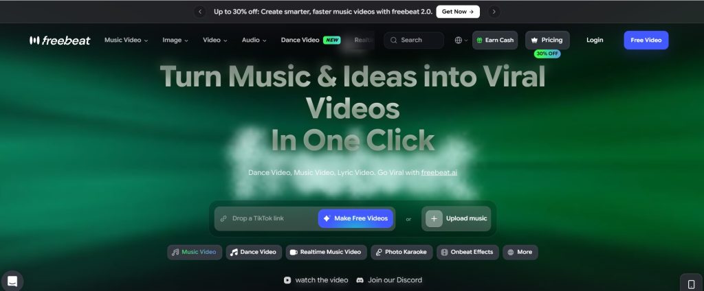 Freebeat AI music video generator homepage featuring one-click tools for creating music, dance and lyric videos.