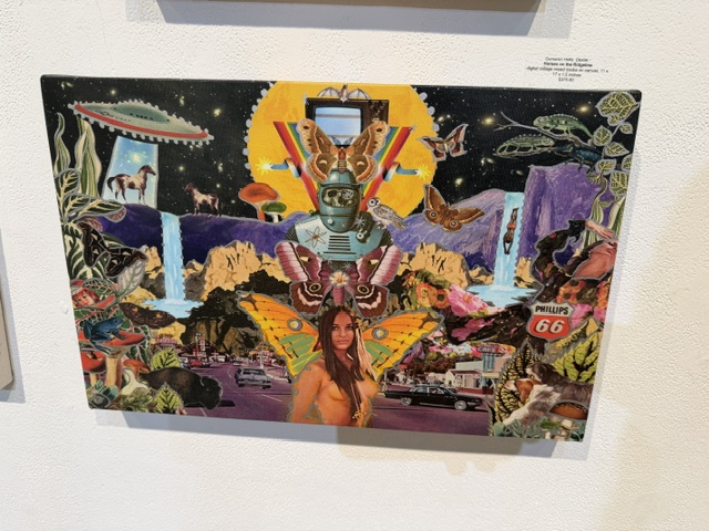 Surreal mixed-media collage featuring butterflies, desert landscapes, UFO imagery and Route 66 references at Laluzapalooza 2026.