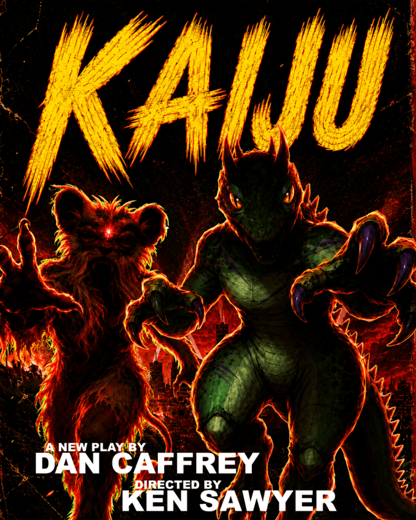 Two giant monsters loom over Los Angeles in promotional artwork for KAIJU, a new play by Dan Caffrey directed by Ken Sawyer.