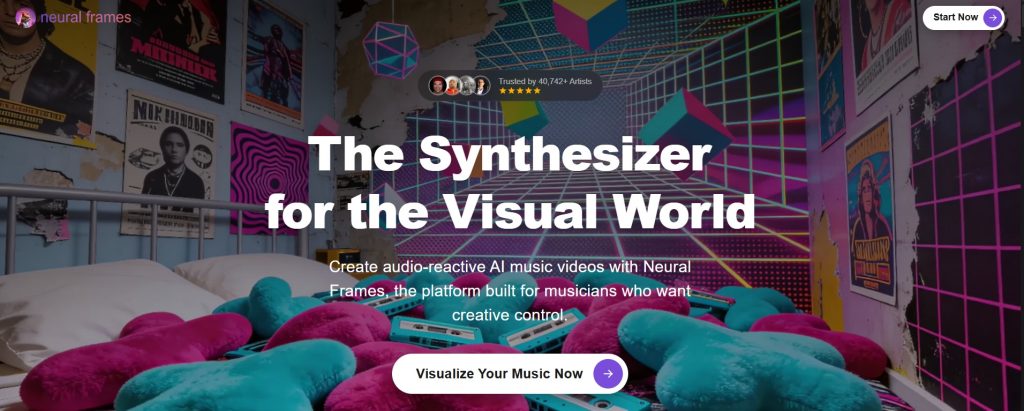 Neural Frames AI music video generator homepage featuring its audio-reactive visual creation platform for musicians.