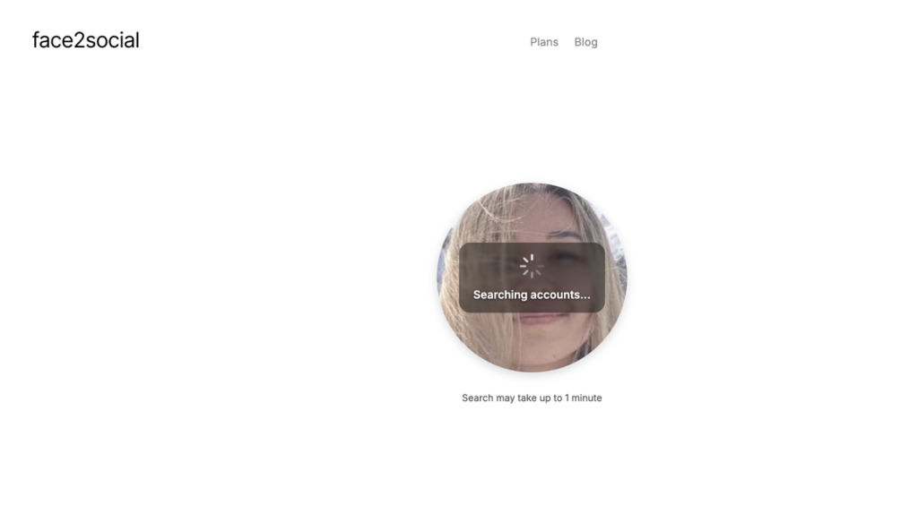 Face2social searching public social media accounts using an uploaded profile photo.