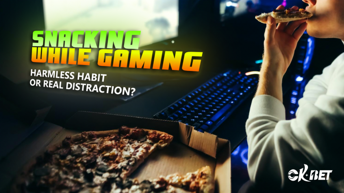 Snacking-While-Gaming-Harmless-Habit-or-Real-Distraction-_2-1 Person eating pizza while gaming at a computer with the text “Snacking While Gaming: Harmless Habit or Real Distraction?”