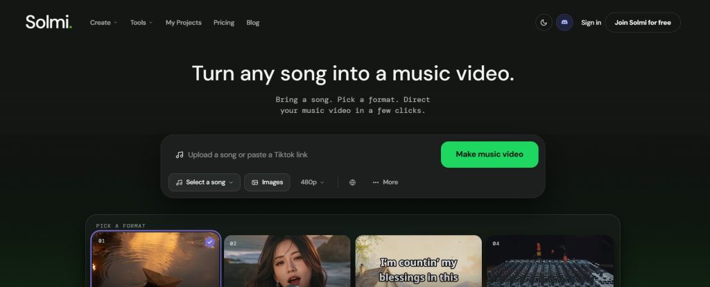 Solmi AI music video generator interface showing song upload, video creation tools and music video format options.