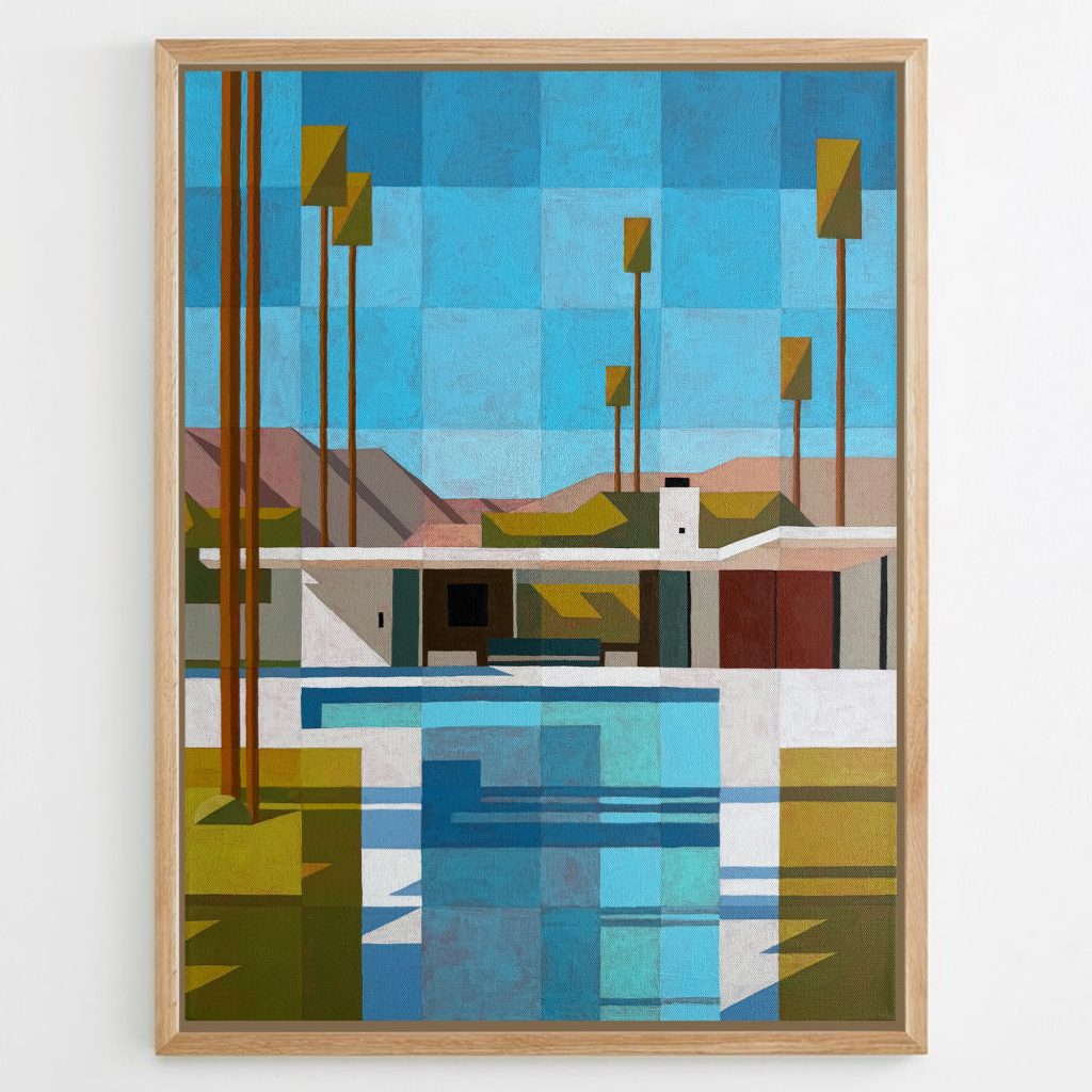 Wolf-Rudiger Bloss’s Palm Springs Pool, an acrylic painting depicting a modern desert home, swimming pool and tall palm trees in geometric forms.