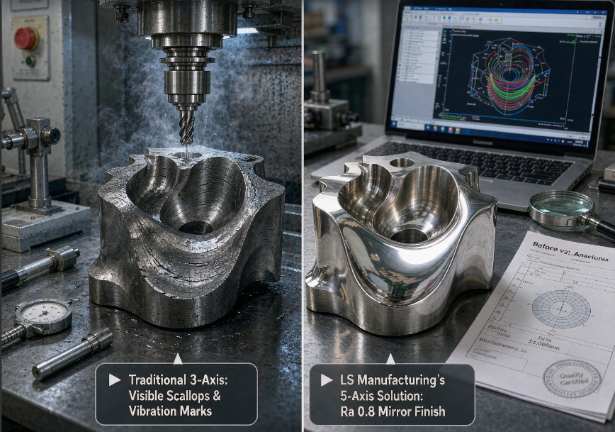 Comparison of two identical intricate metal parts; the first has visible tool marks of conventional 3-axis machining, whereas the second has a perfect mirror-like Ra 0.8 finish thanks to LS Manufacturing's state-of-the-art 5-axis machining with a CMM report.