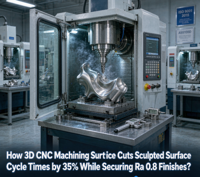 ls-manufacturing-3D-CNC-sculpted-surface-Ra08.jpg 3-axis vertical machining center at LS Manufacturing efficiently machining an intricate free-form metal part using coolant and mist, illustrating 35% cycle time improvement and Ra 0.8 surface finish.