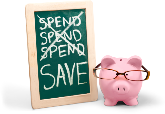 Piggy bank wearing glasses beside a chalkboard reading “Spend, Spend, Spend, Save,” illustrating smarter spending for creative professionals.