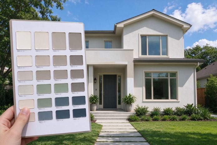 Hand holding a paint color swatch chart in front of a modern home to compare exterior paint colors.