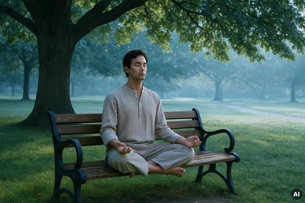Person meditating on a park bench beneath a large tree, representing mindful outdoor wellness and stress reduction.